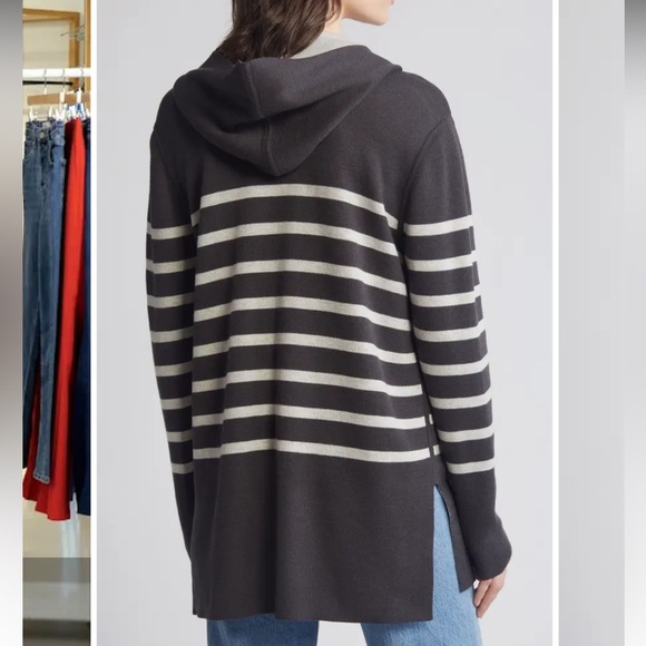 New! Splendid Sydney Cashblend Black/Gray Stripe Reversible Cardigan Sz Large - Picture 14 of 14